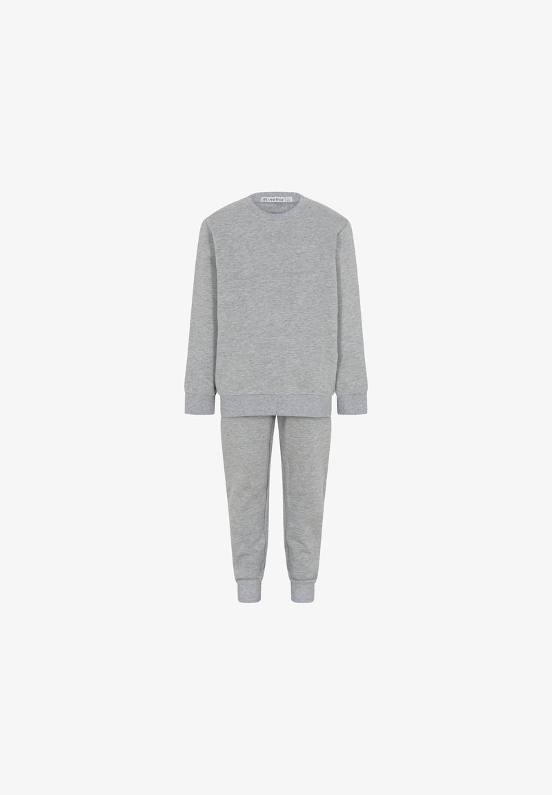 Grauer Sweatshirt- und Jogginganzug. Aus weichem Baumwollmaterial, mit langen Ärmeln, gerippten Bündchen und einem elastischen Bund. Einfaches Design, ohne Muster oder Akzente.