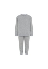 Sweat-shirt gris doux à manches longues et pantalon de jogging assorti avec poignets côtelés, présenté sur fond blanc.