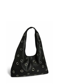 Zwarte leren handtas met een slungelige vorm, met metalen ogen als opvallende accenten. Schouderband geïntegreerd in het ontwerp.