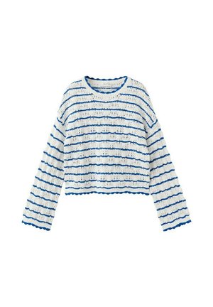 Pull court blanc en maille avec manches longues, rayures horizontales bleues et bords festonnés aux manches et à l'ourlet.