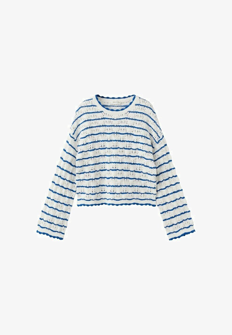 White knitted long-sleeve cropped sweater with horizontal blue stripes and scalloped edges on sleeves and hem.