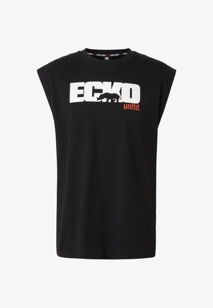 Zwart mouwloos shirt met witte "ECKO" tekst, een neushoorngrafiek binnen de letters en een kleine rode "unltd." branding eronder.