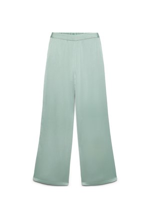 Hellgrüne Hosen mit weitem Bein aus leicht strukturiertem Stoff und einem V-förmigen elastischen Bund, flach auf weißem Hintergrund ausgelegt.