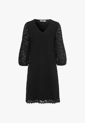 Sort blondekjole med V-Udskæring, 3/4 lange ærmer med et blomstermønster og en bølget søm. Fremstillet af gennemsigtig blonde.