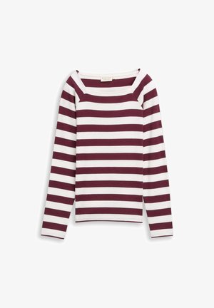 Garā piedurknēm adīta bluse ar horizontālām bordo un baltām svītrām un plašu kvadrātveida kaklu.