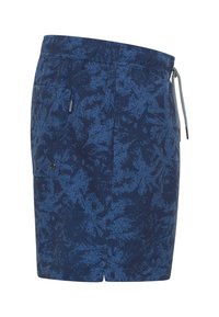Navy blue swim shorts with leaf pattern, elastic waistband, and adjustable drawstring. Features a side pocket with button detail.
