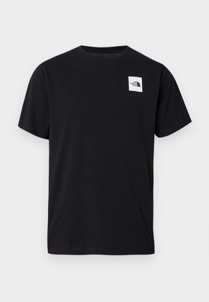 Sort bomuld T-shirt med rund halsudskæring, korte ærmer og et hvidt firkantet logo på venstre bryst med et bjergdesign.