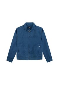 Blå zip-jacka i tyg med en slät textur, med en spetsig krage och två sidofickor med kurviga sömmar.