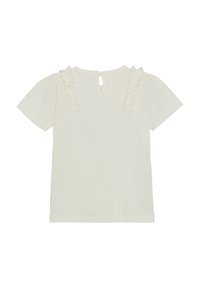 Hvid kortærmet T-shirt med flæseaccenter på skuldrene og en nøglehulsåbning i ryggen. Blødt bomuldsstof med en glat tekstur.