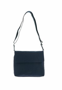 Borsa a tracolla blu navy realizzata in tessuto con chiusura a patta, tracolla regolabile e logo impresso sul davanti. Texture morbida, forma rettangolare.