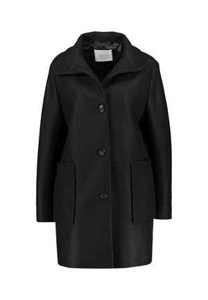 Czarny, wełniany płaszcz do kolan z szerokim kołnierzem, trzema guzikami z przodu i dwoma dużymi prostokątnymi naszywanymi kieszeniami.