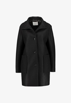 Sort knælange uldfrakke med bred krave, tre knapper foran og to store rektangulære påsyede lommer.