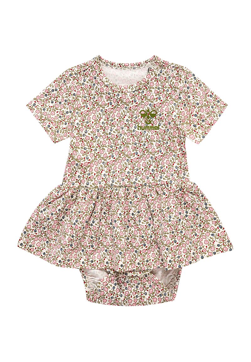 Bloemendessint jurk met korte mouwen en een uitlopende rok. Hoofd kleuren: roze, groen en beige. Gemaakt van katoen, met een drukknoopsluiting aan de onderkant.