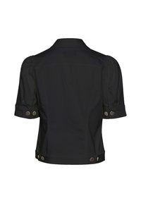 Svart kortärmad jacka med puffiga axlar, knappdetaljer och en figursydd silhuett. Tillverkad av slätt tyg med en strukturerad design.