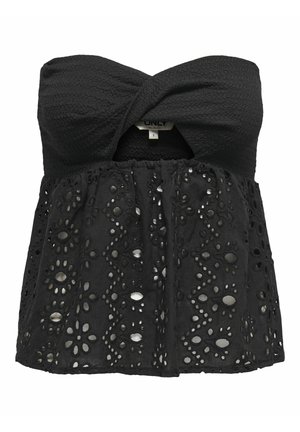 Top noir sans bretelles avec un corsage smocké texturé et une partie inférieure évasée dotée de découpes en œillets floraux.