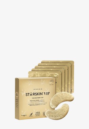 Boîte dorée de masque pour les yeux Starskin VIP, avec cinq sachets derrière et deux patchs dorés scintillants pour le contour des yeux devant.