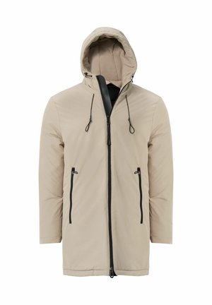 Beige Kapuzenjacke aus einem glatten Material, mit einem durchgehenden Reißverschluss, zwei schwarzen Reißverschlusstaschen an den Seiten und Kordeln an der Kapuze.