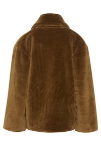 Brun faux fur-jacka med en bred krage, oversized passform och texturerad yta. Har sänkta axlar och ett mjukt, mysigt utseende.