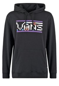 Sweat à capuche noir avec une poche frontale, arborant un logo "VANS" en pixel art coloré et des personnages d'un jeu rétro sur la poitrine. Capuche réglable avec cordon de serrage.