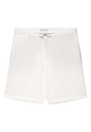 Pantaloncini bianchi casual con vita regolabile con coulisse, passanti per cintura, tasche laterali e una piccola etichetta sulla fascia elastica interna della vita.