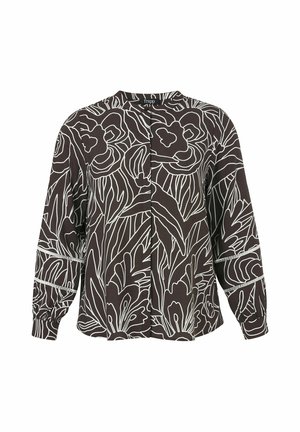 Dark long-sleeve blouse with large white floral and leaf outline patterns and gathered cuffs on plain background.