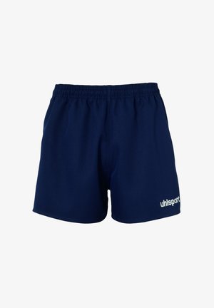 Marineblauwe sportshorts van lichtgewicht stof met een elastische tailleband. Kenmerkt zich door een wit "uhlsport" logo aan de onderzijde van de rechterkant.