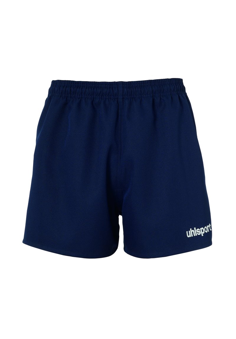 Marineblauwe sportshorts van lichtgewicht stof met een elastische tailleband. Kenmerkt zich door een wit "uhlsport" logo aan de onderzijde van de rechterkant.