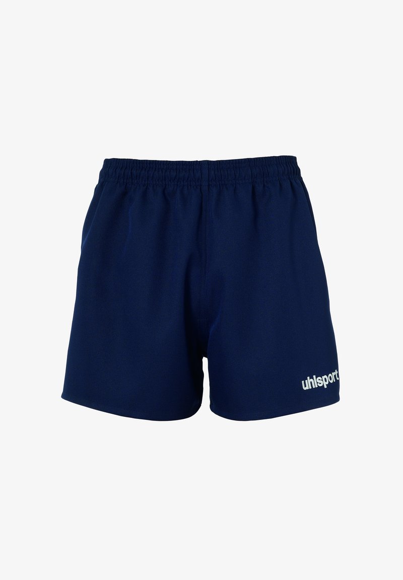 Shorts de sport bleu marine en tissu léger avec une taille élastique. Présente un logo "uhlsport" blanc sur le bas à droite.