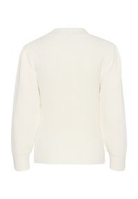 Cream ribbed sweater with a round neckline and puffed sleeves. Features textured fabric and a relaxed fit, showcasing a solid color.
