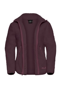 Veste en polaire bordeaux avec un col haut, une fermeture éclair sur toute la longueur et deux poches latérales. Surface texturée avec des accents en tissu lisse.