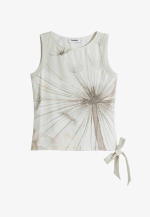Top senza maniche con uno sfondo crema chiaro che presenta una stampa di soffioni in toni marroni smorzati. Il dettaglio con nodo laterale aggiunge texture ed è realizzato in un tessuto morbido.