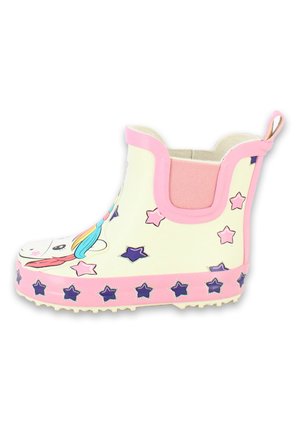 Kinderregenlaarzen in roomkleur met een eenhoornontwerp, roze accenten en paarse sterretjes. Heeft een trek-stijl en een getextureerde zool.