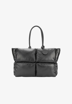 Schwarze gepolsterte Ledertasche mit zwei Griffen und einem runden Lederetikett, das in der Nähe des Griffs angebracht ist.