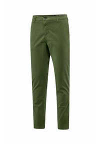 Pantaloni in cotone verde con una vestibilità affusolata, dotati di chiusura con bottone, passanti per cintura, tasche frontali e tessuto liscio e texturizzato.