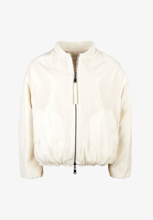 Cropped white bomber jacket with a stand collar, zip closure, two front pockets, and elasticized hem. Smooth, lightweight fabric.