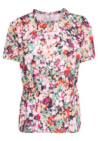 Blusa floral de mangas cortas, con escote plisado y cintura elástica. Presenta un patrón colorido con verdes, rosas y cremosos sobre un fondo claro.