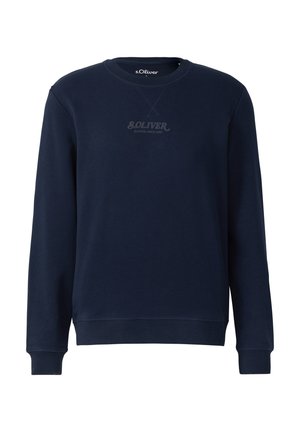 Felpa blu marina con maniche lunghe, scollatura a girocollo, polsini e orlo a coste, con logo sottile in grigio sul petto. Texture liscia.