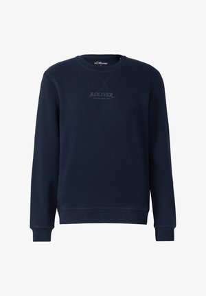 Temno modra majica s dolgimi rokavi, okroglim ovratnikom, rebrastimi manšeti in robom, z diskretnim logotipom v sivi barvi na prsih. Gladka tekstura.