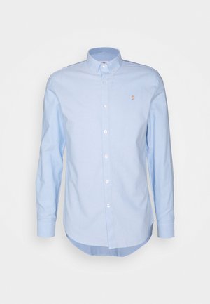 Camicia azzurra a maniche lunghe con bottoni, realizzata in cotone, con colletto button-down, bottoni bianchi e un piccolo logo ricamato sul petto.