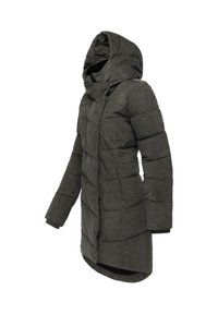 Lång vadderad jacka i mörkgrått med en strukturerad yta. Har en stor huva, knappstängning framtill och ribbade ärmslut med en böjd fåll.