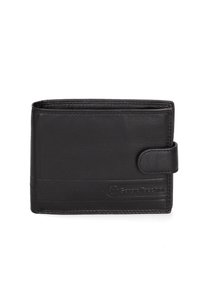 Portafoglio in pelle nera con finitura testurizzata, forma rettangolare, design slim e chiusura a pulsante laterale con marchio in rilievo.