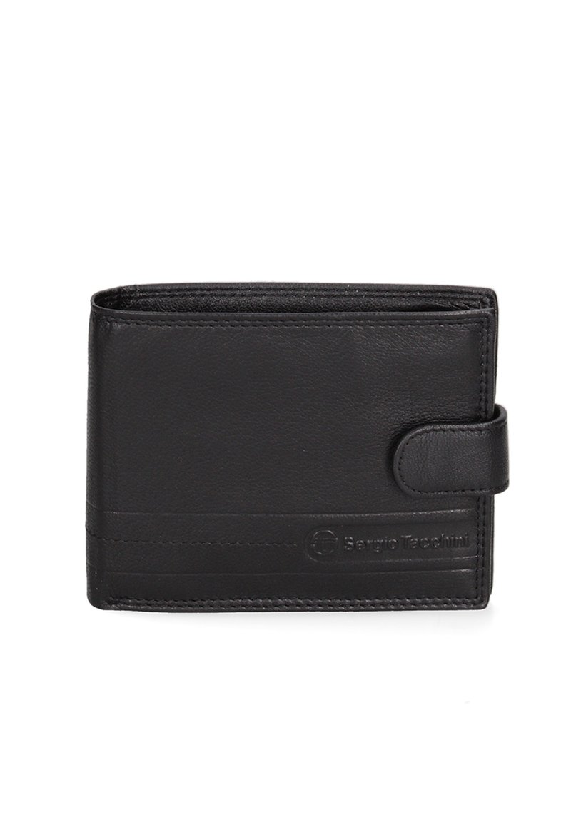 Portafoglio in pelle nera con finitura testurizzata, forma rettangolare, design slim e chiusura a pulsante laterale con marchio in rilievo.