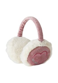 Cuffie per le orecchie in pelliccia sintetica rosa con bordo morbido bianco e un design circolare caratterizzato da un motivo a cuore. Texture morbida e fascia per la testa imbottita.