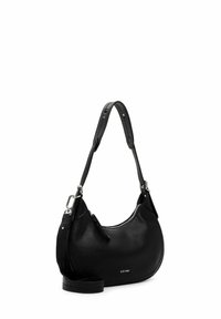 Black leather handbag with a smooth, textured finish, rounded shape, and adjustable strap. Features a zip closure and logo detail.