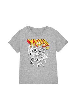 Graues T-Shirt mit kurzen Ärmeln, das schwarz-weiße Comic-Charaktere zeigt und mit einem auffälligen roten und gelben "X-MEN 97"-Grafik versehen ist.