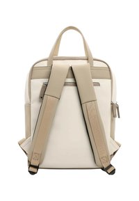 Sac à dos rectangulaire beige et crème avec bretelles rembourrées et ajustables, poignée supérieure et poche zippée sur le panneau arrière.