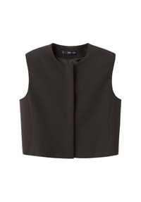 Bruine cropped vest zonder mouwen, met een ronde halslijn en een knoopsluiting aan de voorkant. Gemaakt van gestructureerde stof; minimalistisch ontwerp, geen zichtbare hardware.