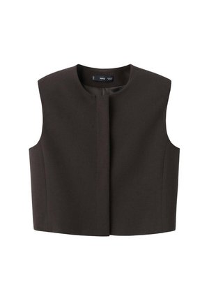 Bruine cropped vest zonder mouwen, met een ronde halslijn en een knoopsluiting aan de voorkant. Gemaakt van gestructureerde stof; minimalistisch ontwerp, geen zichtbare hardware.