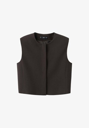 Brown cropped vest, sleeveless, with a round neckline and front placket. Made from textured fabric; minimalistic design, no visible hardware.