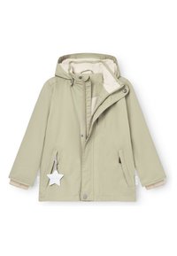 Veste vert clair avec une capuche, doublure en beige doux, deux poches latérales et un accent en étoile blanche. Comprend des boutons-pressions et des poignets contrastants.